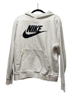 Nike Men's White Hoodie with Black Swoosh Logo